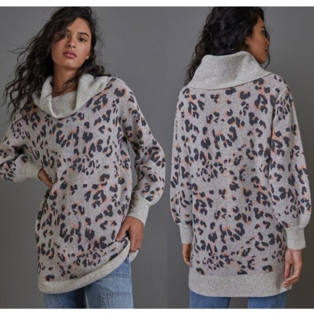 Anthropologie Women's Emmy Cowl Neck Leopard Print Oversized Sweater Size XS